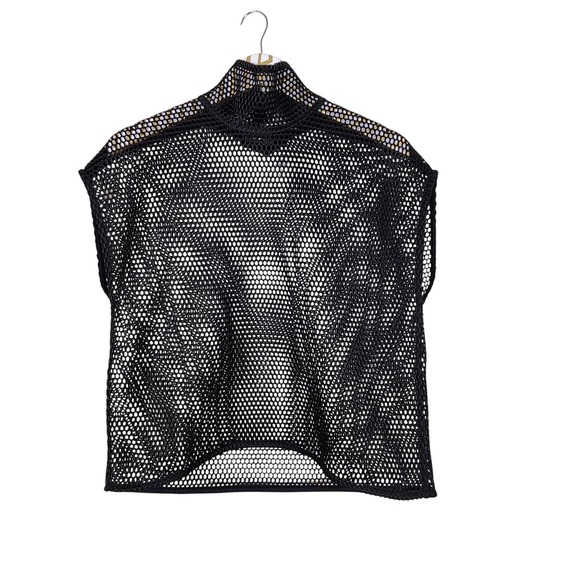 AKRIS Top Womens 8 Black Grid Shirt Mesh Fishnet High Neck Poncho Top Designer - Picture 2 of 12